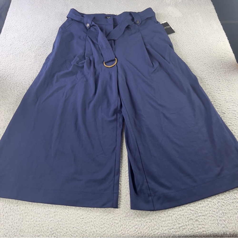 Lauren Ralph Lauren Pants Womens XL Blue Belted Pleated Ponte Cropped Wide Leg - Picture 2 of 12